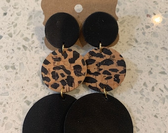 Cheetah cork on leather and black leather triple drop stud earrings