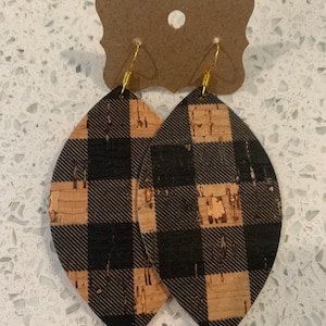 Black and natural cork buffalo plaid cork on leather leaf earrings