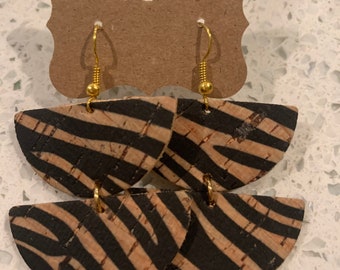 Zebra cork on leather double half circles drops