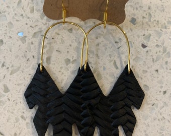 Black braided leather feather hoop earrings