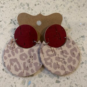 Snow leopard cork on leather mini circle moon cut outs with ox blood cork on leather stud earring