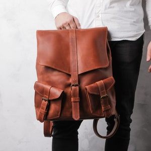 Cognac Leather Backpack: Convertible Camera Bag with Pockets