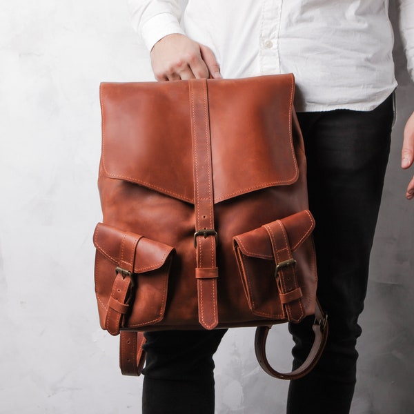 Backpack, Leather backpack,Cognac leather backpack,Convertible backpack,Camera backpack,Leather backpack with pockets, Men leather backpack