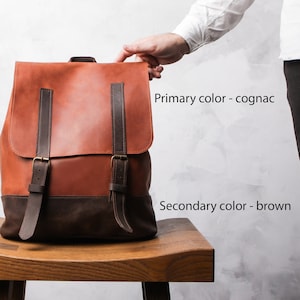 May include: A brown leather backpack with a cognac colored top and brown straps. The backpack has two buckles on the front.