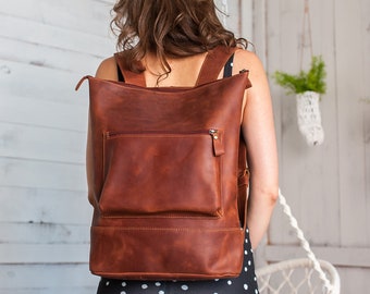 Leather backpack, Leather backpack women, Backpack, Leather backpack purse,Cognac leather backpack women,Backpack purse.Leather backpack zip