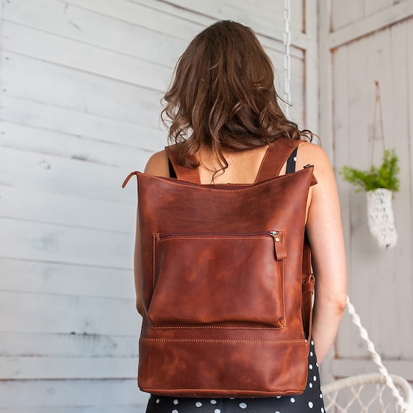 Cognac leather backpack zip with lining for women,Personalized backpack,Backpack women,Leather backpacks women,Laptop backpack,Work backpack