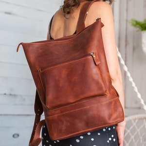 Minimalist cognac leather laptop backpack women,Backpack women,Leather backpack,Leather backpack purse,Leather backpack with lining inside image 1