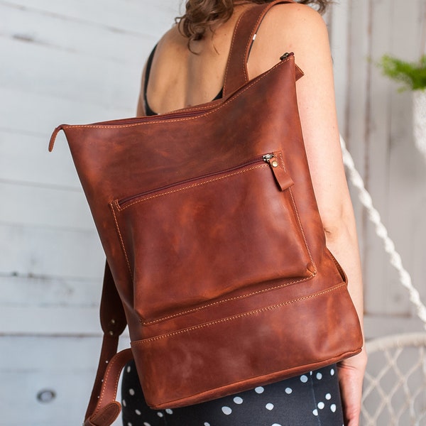 Minimalist cognac leather laptop backpack women,Backpack women,Leather backpack,Leather backpack purse,Leather backpack with lining inside