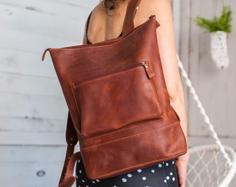 Minimalist cognac leather laptop backpack women,Backpack women,Leather backpack,Leather backpack purse,Leather backpack with lining inside