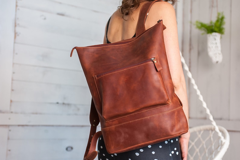 Minimalist cognac leather laptop backpack women,Backpack women,Leather backpack,Leather backpack purse,Leather backpack with lining inside image 1