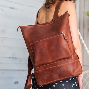 Leather backpack, Leather backpack women, Backpack, Leather backpack purse,Cognac leather backpack women,Backpack purse.Leather backpack zip image 3