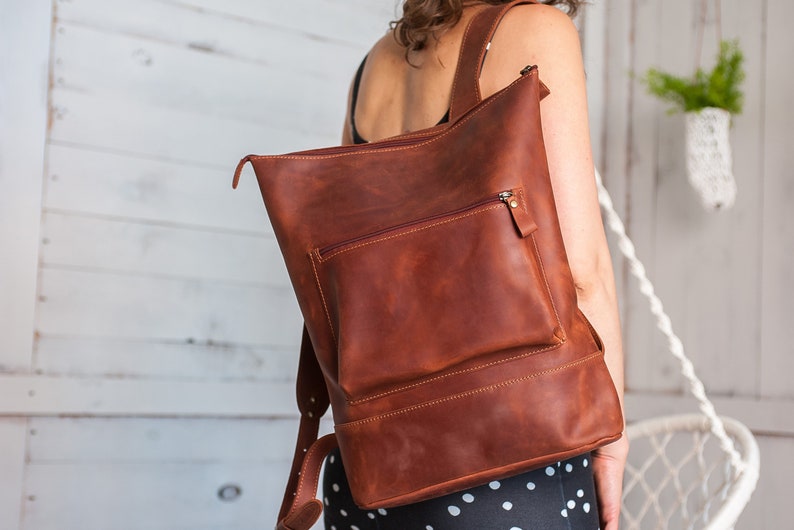 Leather backpack, Leather backpack women, Backpack, Leather backpack purse,Cognac leather backpack women,Backpack purse.Leather backpack zip image 3