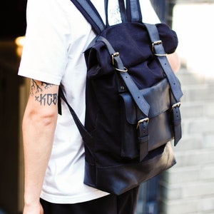 Leather Canvas Roll Top Backpack: Handmade Hiking Daypack