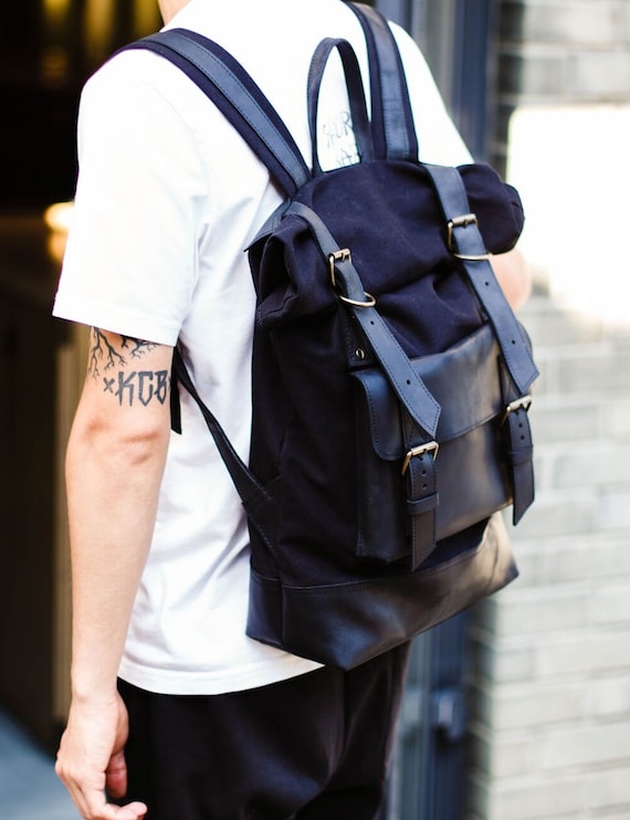 Two Colors Leather Canvas Rolltop Hiking Backpack leather Canvas Backpack black Leather Backpack Men men Leather Backpack leather Backpack Etsy