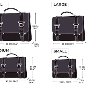 May include: Four different sizes of black leather briefcases with metal buckles and handles. The sizes are labeled XL, Large, Medium, and Small. The measurements are in inches and centimeters.
