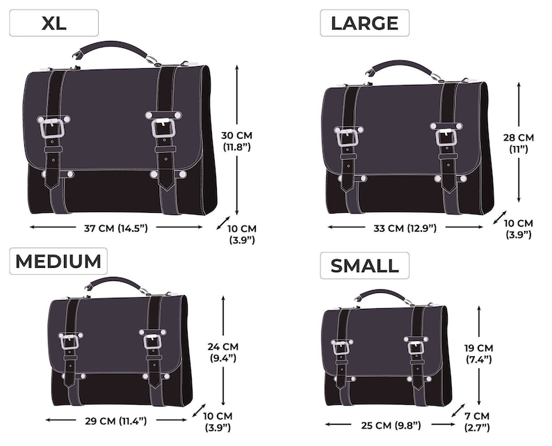 May include: Four different sizes of black leather briefcases with metal buckles and handles. The sizes are labeled XL, Large, Medium, and Small. The measurements are in inches and centimeters.