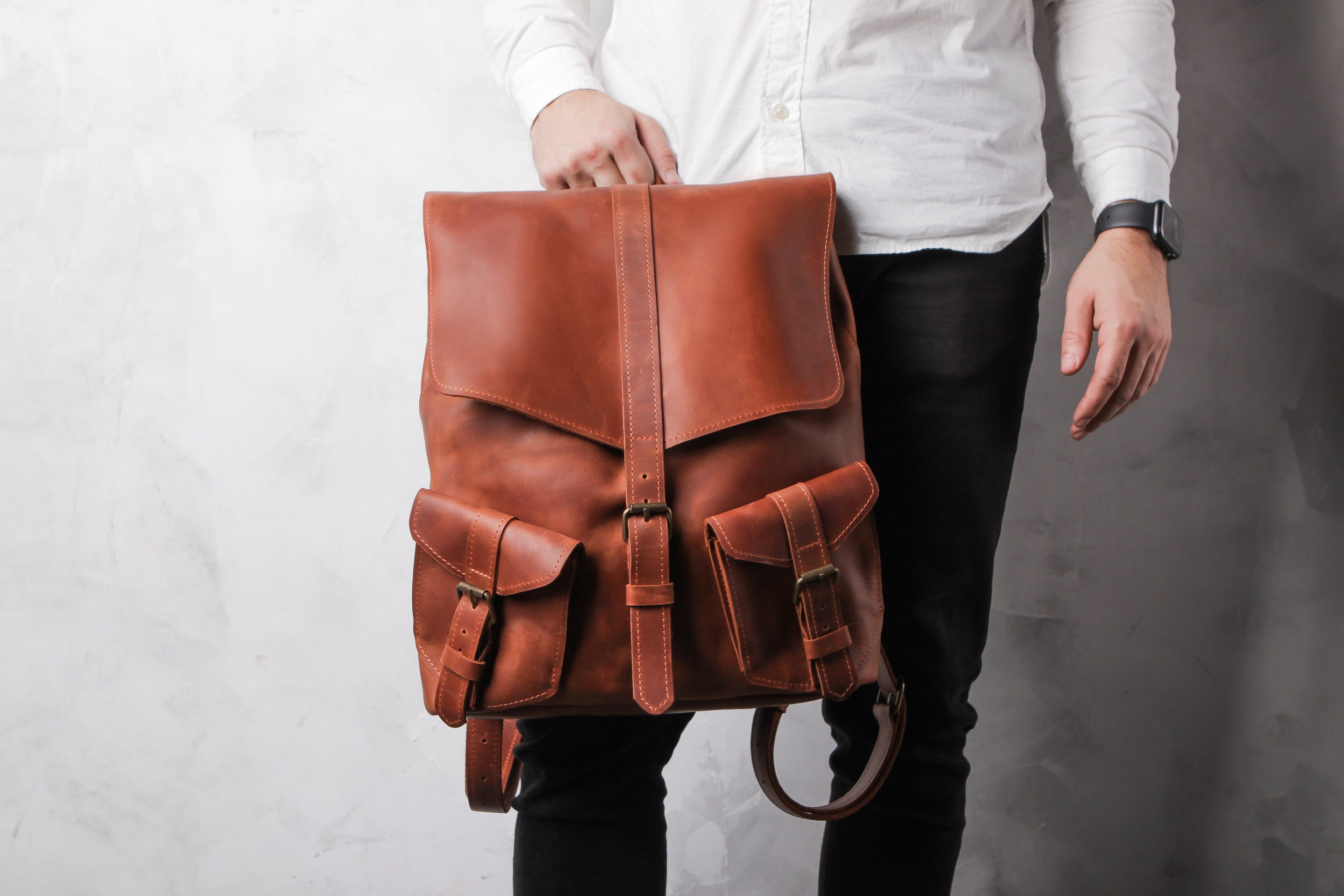 Extra Large Leather Backpack With 2 Front Pocketsmen Leather | Etsy