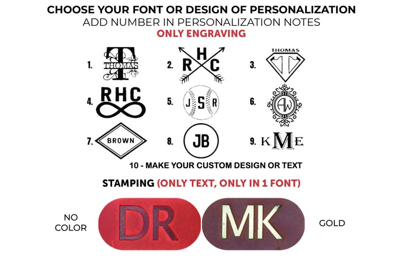 Może przedstawiać: Grafika przedstawiająca r&oacute;żne opcje czcionki i projektu do personalizacji. Opcje obejmują monogram, inicjały, piłkę baseballową, serce i niestandardowy projekt. Tekst "ONLY ENGRAVING" znajduje się w g&oacute;rnej części obrazu. Tekst "STAMPING (ONLY TEXT, ONLY IN 1 FONT)" znajduje się pod opcjami projektu. Obraz przedstawia dwa przykłady stemplowania, jeden w kolorze czerwonym, a drugi w kolorze złotym.