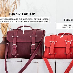 May include: Two leather bags, one burgundy and one red, with adjustable straps and buckles. The burgundy bag is for a 13-inch laptop and the red bag is for an iPad. The red bag measures 11.9 inches by 9.5 inches by 4.3 inches.