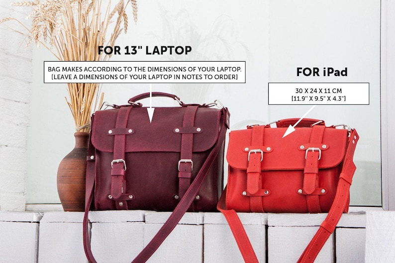 May include: Two leather bags, one burgundy and one red, with adjustable straps and buckles. The burgundy bag is for a 13-inch laptop and the red bag is for an iPad. The red bag measures 11.9 inches by 9.5 inches by 4.3 inches.