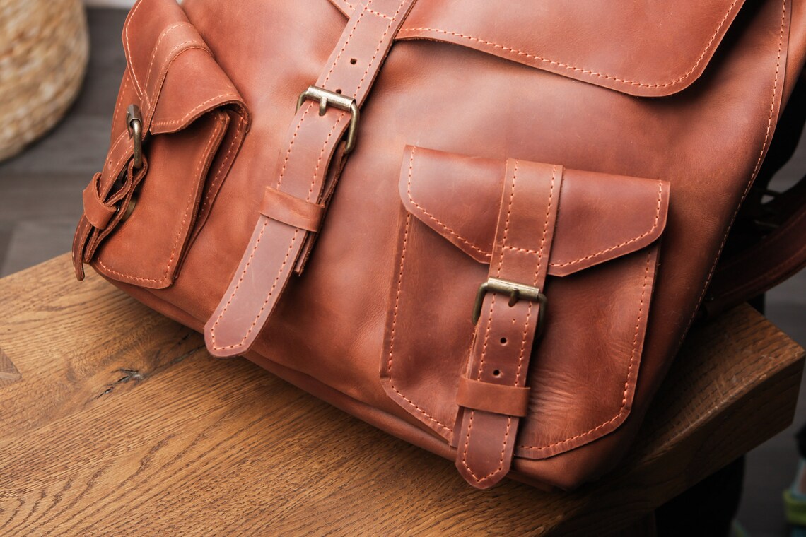 Extra Large Leather Backpack With 2 Front Pocketsmen Leather Etsy