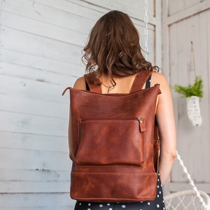 Minimalist cognac leather laptop backpack women,Backpack women,Leather backpack,Leather backpack purse,Leather backpack with lining inside image 2