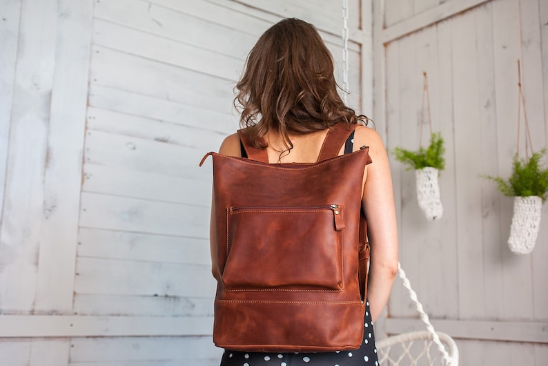 Minimalist cognac leather laptop backpack women,Backpack women,Leather backpack,Leather backpack purse,Leather backpack with lining inside image 2