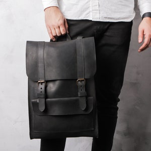 Black casual leather backpack men,Leather backpack,Vintage leather backpack,Leather backpack men black,Leather backpack laptop bag,Backpack zdjęcie 2