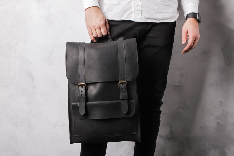 Black casual leather backpack men,Leather backpack,Vintage leather backpack,Leather backpack men black,Leather backpack laptop bag,Backpack zdjęcie 2