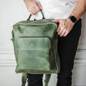 Green Leather Backpack: Monogrammed Laptop Backpack