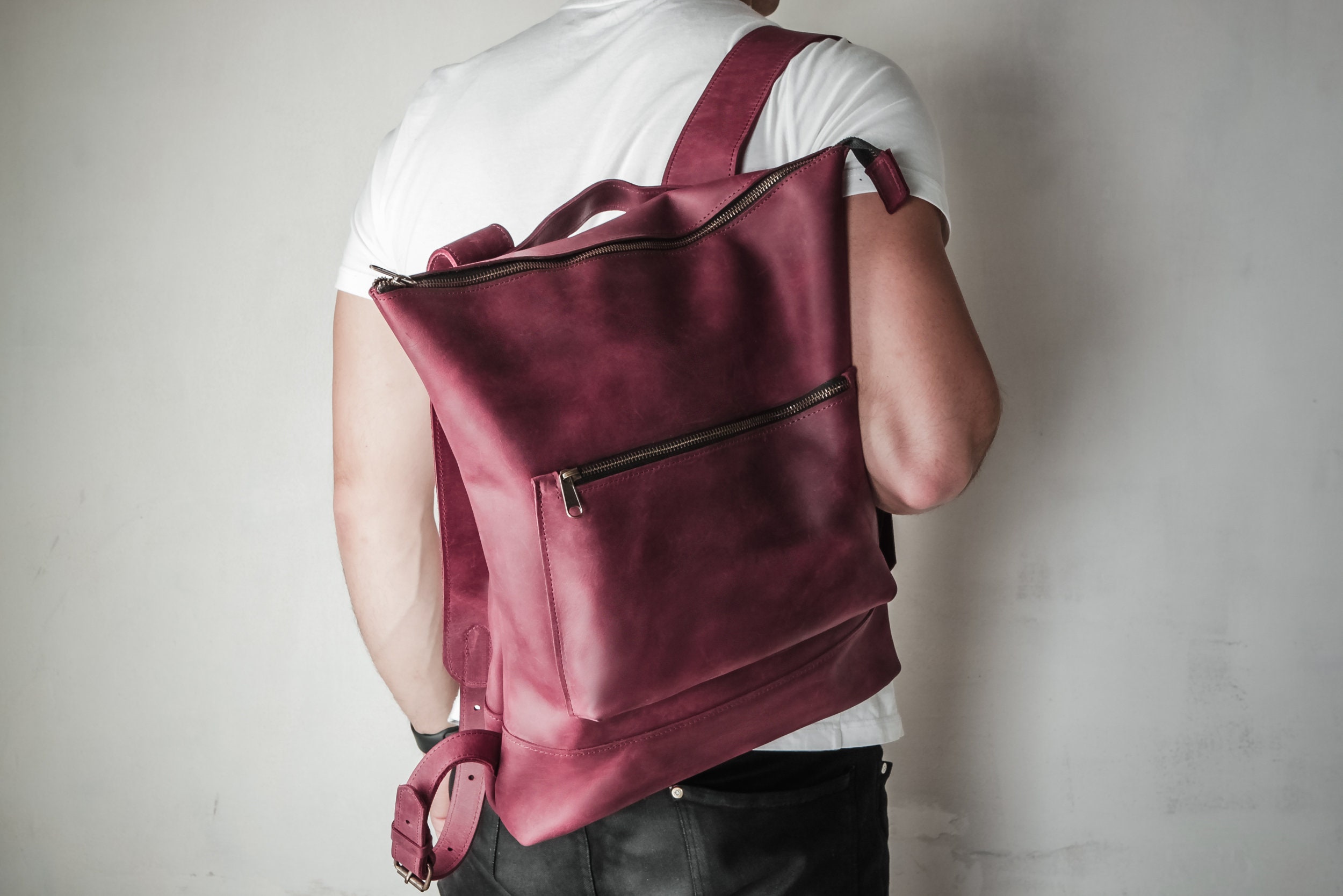 Burgundy Leather Laptop Backpack: Unisex Travel Daypack - Etsy