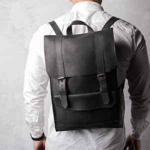 Black casual leather backpack men,Leather backpack,Vintage leather backpack,Leather backpack men black,Leather backpack laptop bag,Backpack zdjęcie 5