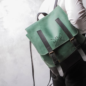Green Leather Backpack Purse: Personalized Laptop Backpack