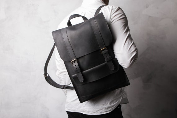 Mens black leather backpack hot sale
