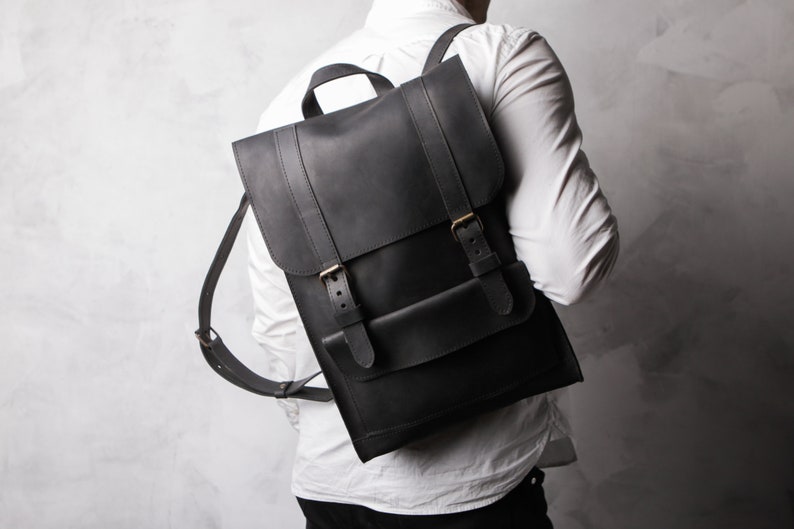 Black casual leather backpack men,Leather backpack,Vintage leather backpack,Leather backpack men black,Leather backpack laptop bag,Backpack zdjęcie 1