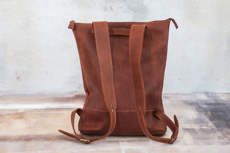 Minimalist cognac leather laptop backpack women,Backpack women,Leather backpack,Leather backpack purse,Leather backpack with lining inside image 8