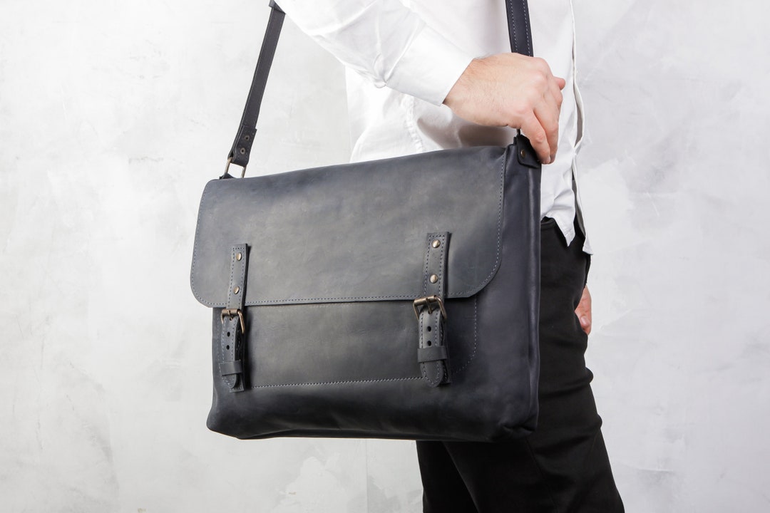 Grey leather messenger bag sale