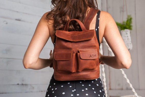 Cognac handcrafted leather backpack for everyday,Mini backpack,Small backpack,Beautiful women leather backpack with 2 front pockets,Backpack
