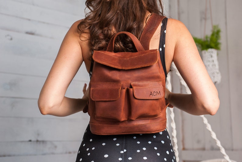 Cognac handcrafted leather backpack for everyday,Mini backpack,Small backpack,Beautiful women leather backpack with 2 front pockets,Backpack 