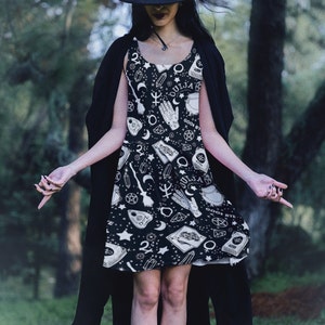 Occult Symbols, Witchy, Goth, White on Black Skater Dress