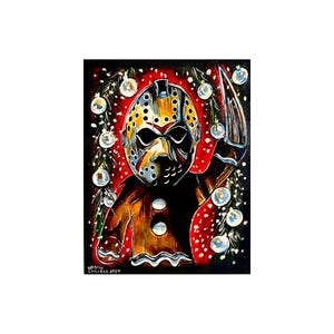 May include: A painting of a hockey mask wearing gingerbread man holding a bloody axe. The background is red with white and green Christmas ornaments.