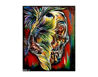 Betta Fish & Skull: Original Acrylic Painting (20”x16”)
