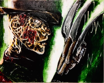 May include: A painting of a horror movie character with a disfigured face and a hat, facing a dark figure with sharp blades. The background is green and white.