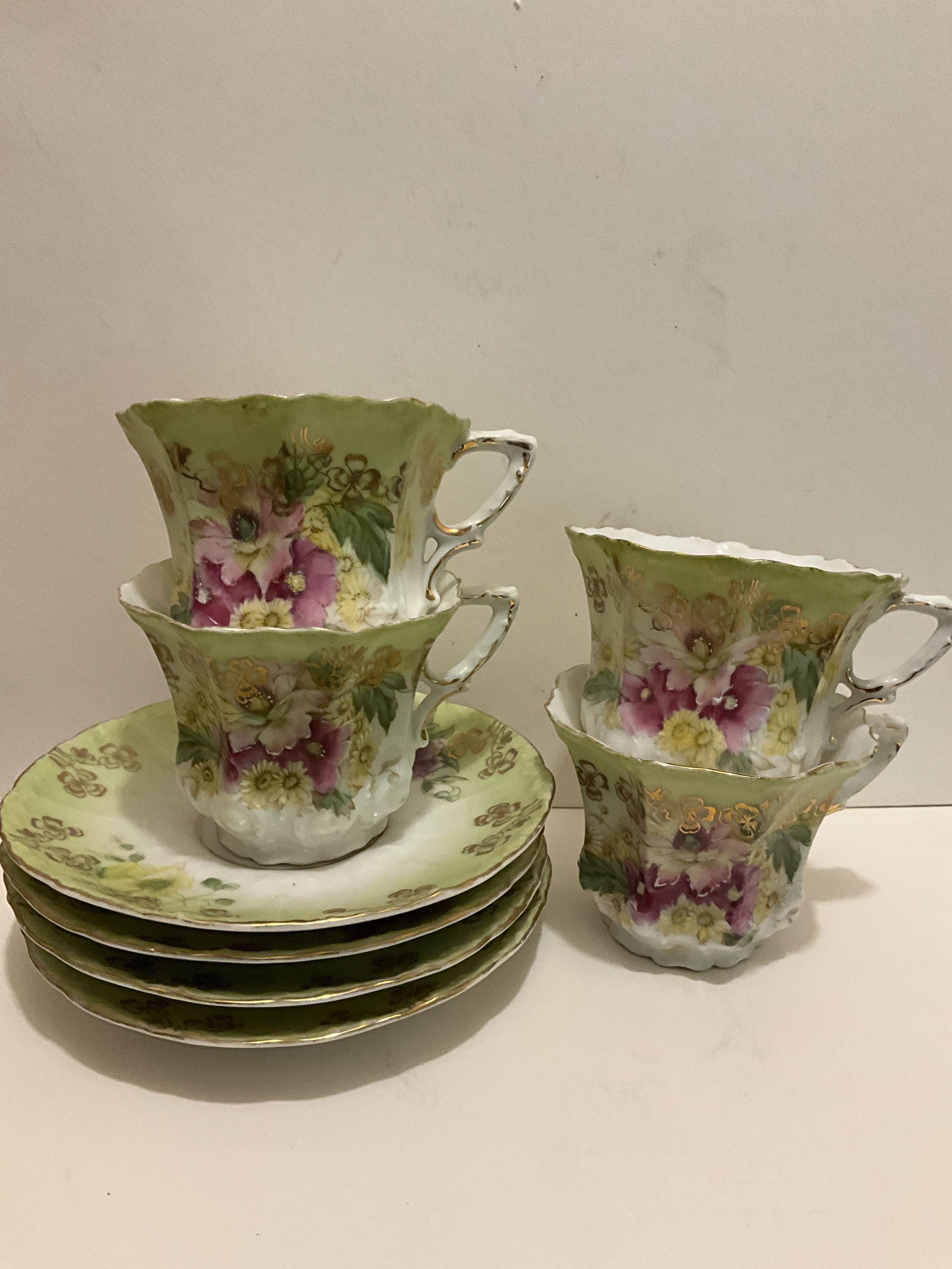 Antique German Porcelain Tea Set – Floral Cups & Saucers with Dessert Plates – Hand Painted Green Gold Trim – cottage set