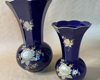 Para wazonów porcelanowych Jaeger Bavaria Echt Cobalt, niebieskie złoto, niemieckie wazony z połowy XX wieku, lata 50. XX wieku
