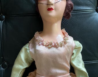 1920s Boudoir Doll with Veil and Satin Gown, Painted Face, Art Deco Bed Doll, 60 cm