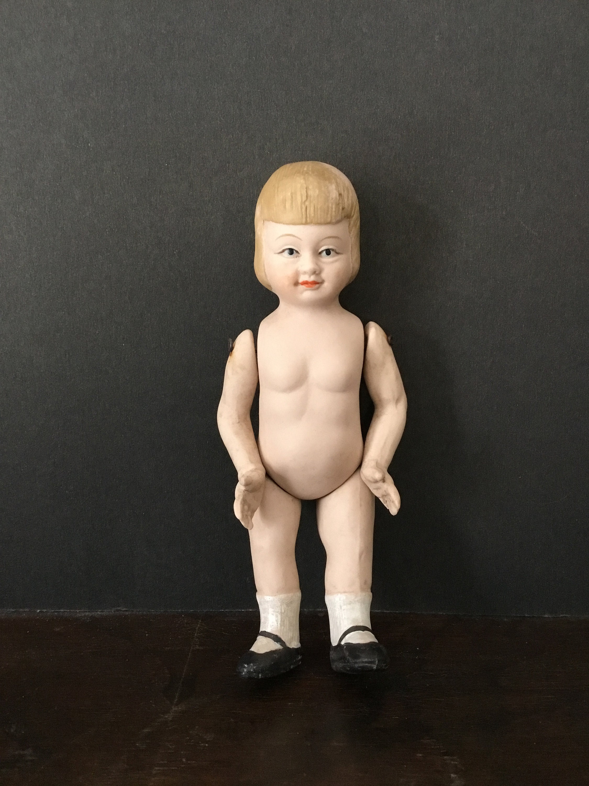 Antique Bisque Doll, 1920s Pin Jointed Miniature Doll, 6 Inch