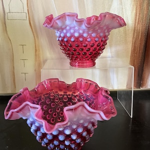 Pair of Fenton Cranberry Opalescent Hobnail Ruffled Lamp Shades