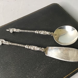 May include: A set of two silver serving utensils with ornate handles. The spoon has a round bowl and the butter knife has a slightly curved blade.
