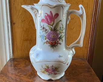 Antique Art Nouveau porcelain chocolate pot with painted flowers